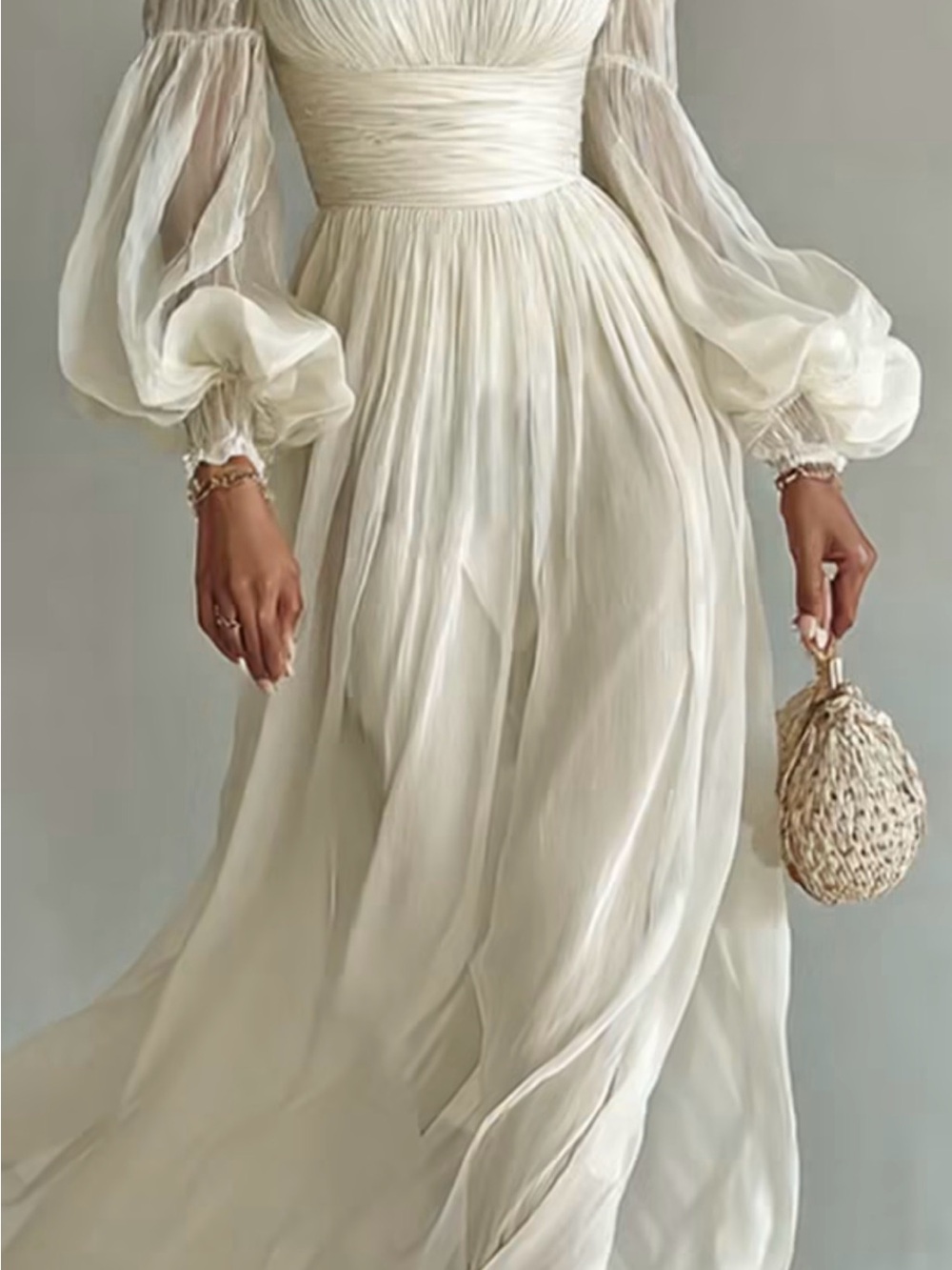 Sheer Sleeve Ivory Maxi Dress with Ruched Waist